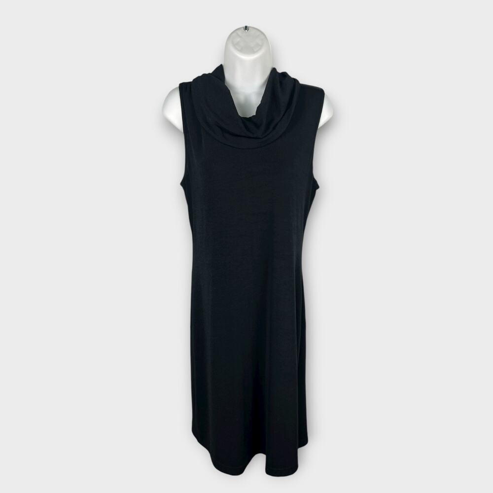 90s Black Stretch Sleeveless Cowl Neck Packable Knee Length Dress LBD Medium 8